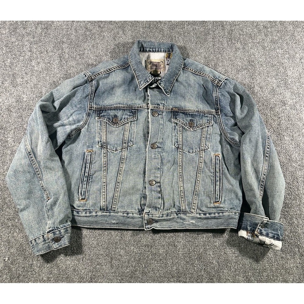 Polo Bear By Ralph Lauren Women's L Blue Metal Button Trucker Jacket Graphic